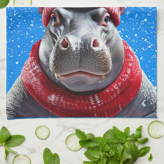 Linge De Cuisine Joyeux chapeau et foulard de Noël Hippo (Plié)