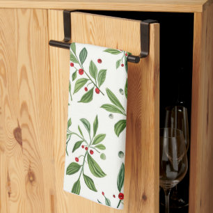 Linge De Cuisine Joyeux Gui Rouge Baie Aquarelle Noël