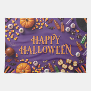 Linge De Cuisine Joyeux Halloween à plat sur fond violet