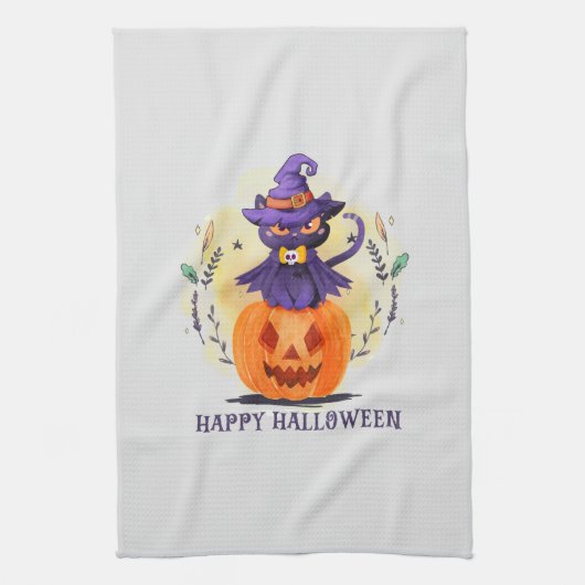 Linge De Cuisine Joyeux Halloween - Chat noir sorcier (Vertical)