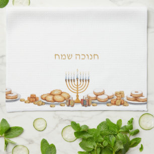 Linge De Cuisine Joyeux Hanukkah Menorah Nourriture Latkes & Donuts
