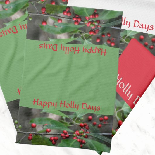 Linge De Cuisine Joyeux Holly Days Red Berries Green Holiday