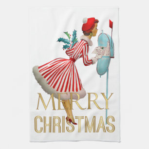 Linge De Cuisine Joyeux Noël 1950 Dame Noël Vintage