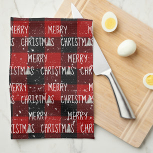Linge De Cuisine Joyeux Noël Arbres Blancs Sur Plaid Buffalo