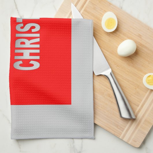 Linge De Cuisine Joyeux Noël Argent Et Rouge (Quart Plié)