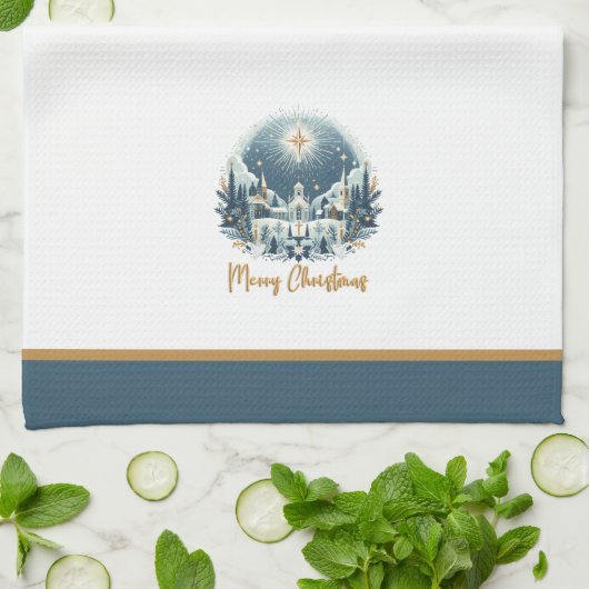 Linge De Cuisine Joyeux Noël bleu et or (Plié)