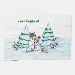 Linge De Cuisine Joyeux Noël ! Bonhomme de neige avec chat et chiot