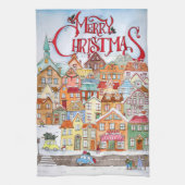 Linge De Cuisine Joyeux Noël drôle Whimsical mignonne ville d'hiver (Vertical)