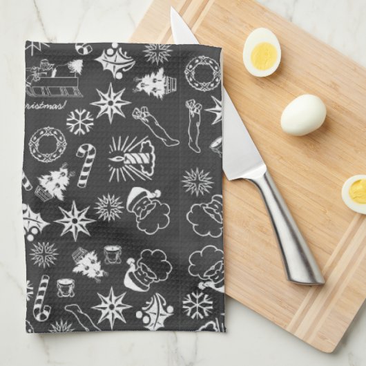 Linge De Cuisine Joyeux Noël Père Noël Symboles, noir et blanc (Quart Plié)