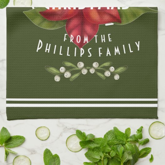 Linge De Cuisine Joyeux Noël personnalisé vert foncé blanc (Plié)