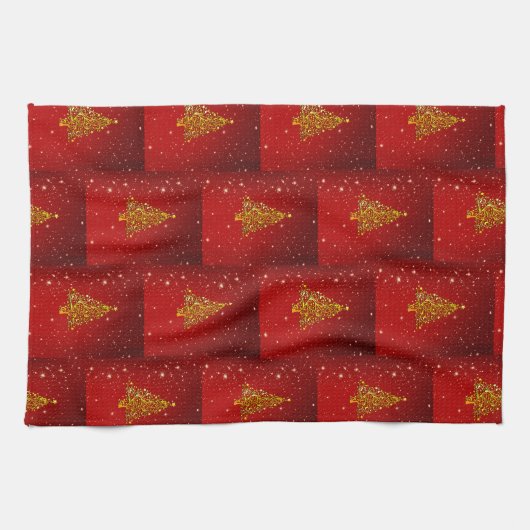 Linge De Cuisine Joyeux Noël Red Gold Tree étoiles (Horizontal)