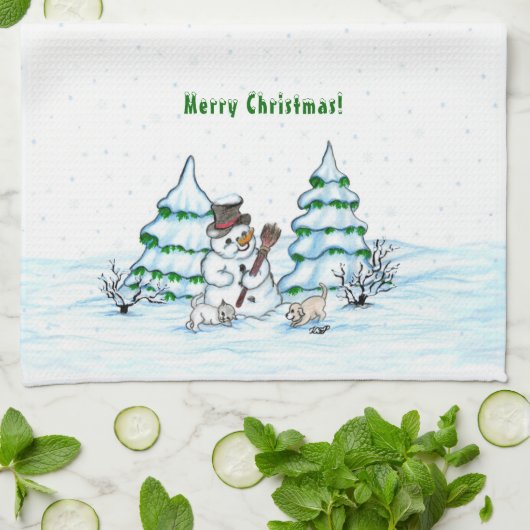 Linge De Cuisine Joyeux Noël ! Snowman avec chat et chiot (Plié)