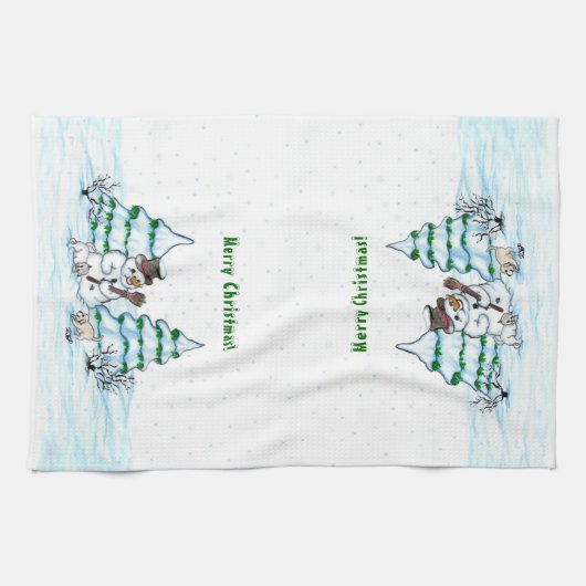 Linge De Cuisine Joyeux Noël ! Snowman avec chat et chiot (Horizontal)