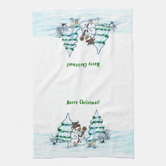 Linge De Cuisine Joyeux Noël ! Snowman avec chat et chiot (Vertical)