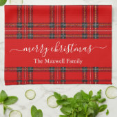 Linge De Cuisine Joyeux Noël tartan rouge script nom (Plié)