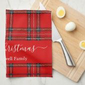 Linge De Cuisine Joyeux Noël tartan rouge script nom (Quart Plié)
