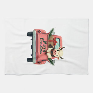 Linge De Cuisine Joyeux Noël vintage vache highland rose à la ferme