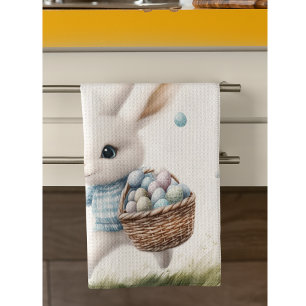 Linge De Cuisine Joyeux pâques, lapin de Pâques marchant avec des o