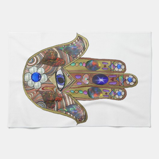 Linge De Cuisine Judaica Hamsa Coeurs Fleurs Opal Art Imprimer (Horizontal)