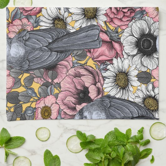 Linge De Cuisine Jus gris et fleurs (Plié)