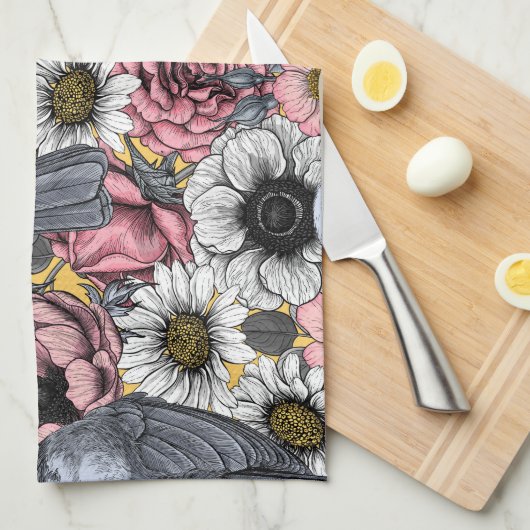 Linge De Cuisine Jus gris et fleurs (Quart Plié)