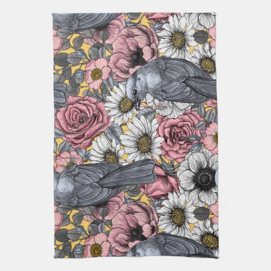 Linge De Cuisine Jus gris et fleurs (Vertical)