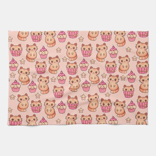 Linge De Cuisine Kawaii Cute Cats and Cupcakes Motif rose (Horizontal)