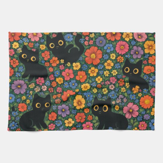 Linge De Cuisine Kawaii Garden Art | Cute Black Cat Floral Pattern (Horizontal)