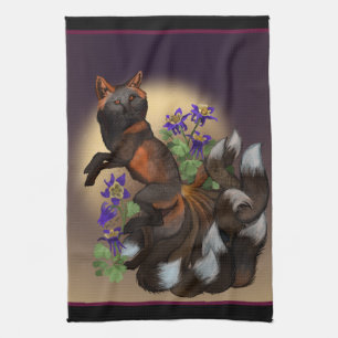 Linge De Cuisine Kitsune et fleurs de colombine