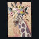 Linge De Cuisine Klimt Giraffe | Orné De Fleurs<br><div class="desc">Cette impression présente une girafe douce ornée d'une couronne de fleurs | Par Victoria Borges</div>