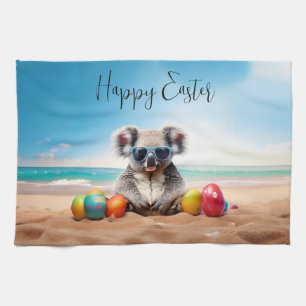 Linge De Cuisine Koala sur la plage avec des œufs de Pâques Joyeuse