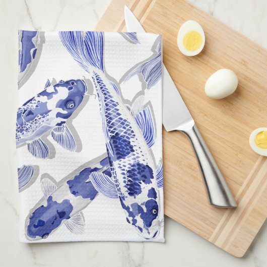 Linge De Cuisine Koi bleu et blanc (Quart Plié)