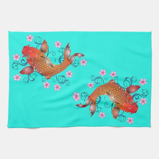 Linge De Cuisine Koi poisson oriental floral orange turquoise éléga (Horizontal)