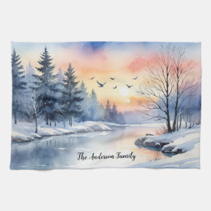 Linge De Cuisine Lac aquarelle lever de soleil hiver scène de neige