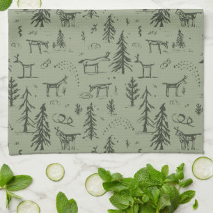 Linge De Cuisine Lac Pine Deer Life - motif de bois de sauge vert.
