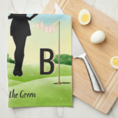 Linge De Cuisine Lady Golfer Golf Course Nom personnalisé Monogramm (Quart Plié)