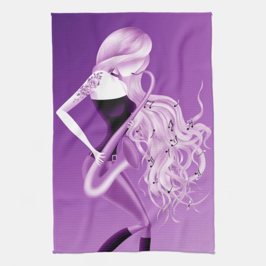 Linge De Cuisine Lady Saxophonist Purple Tea Towel (Vertical)