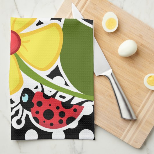Linge De Cuisine Ladybug sur les Pois noirs et blancs (Quart Plié)