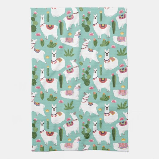 Linge De Cuisine Lamas mignons sur le motif turquoise (Vertical)