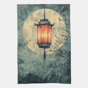 Linge De Cuisine Lanterne éclairée par la lune Sumi-E Aquarelle (1)