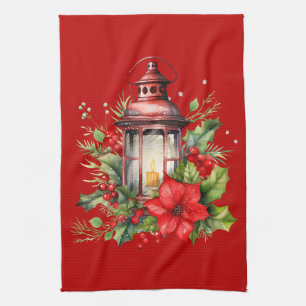 Linge De Cuisine Lanterne rouge de Noël Poinsettia et pin
