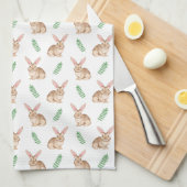 Linge De Cuisine Lapin à l'aquarelle marron avec motif de feuillage (Quart Plié)