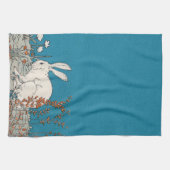 Linge De Cuisine Lapin blanc bouffant assis en fleurs sur le bleu f (Horizontal)