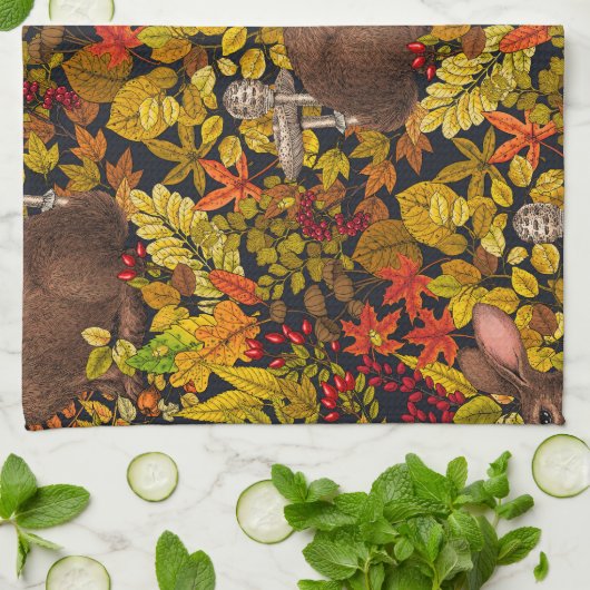 Linge De Cuisine Lapin d'automne en noir (Plié)