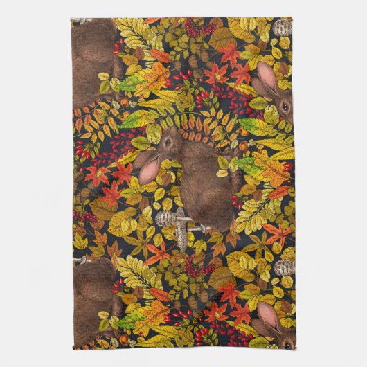 Linge De Cuisine Lapin d'automne en noir (Vertical)