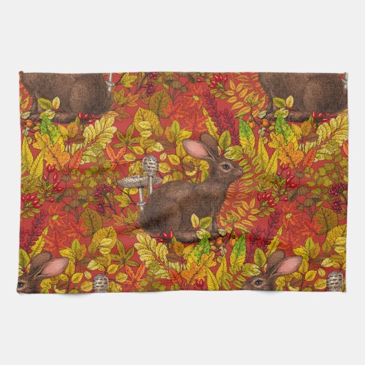 Linge De Cuisine Lapin d'automne en rouge (Horizontal)