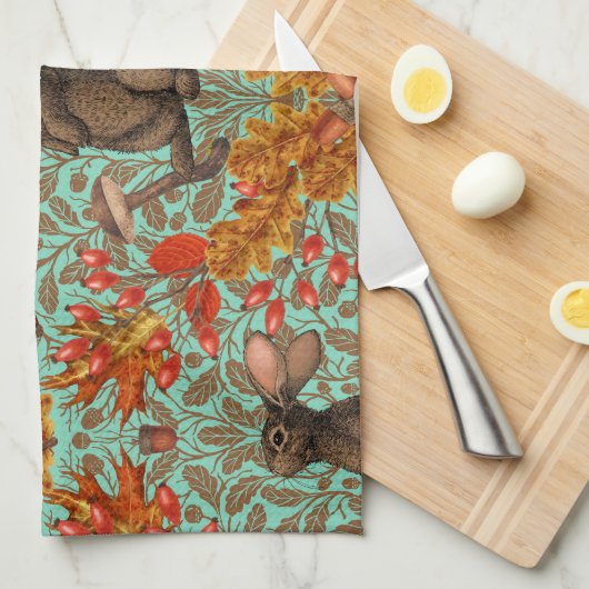 Linge De Cuisine Lapin d'automne sur vert clair (Quart Plié)