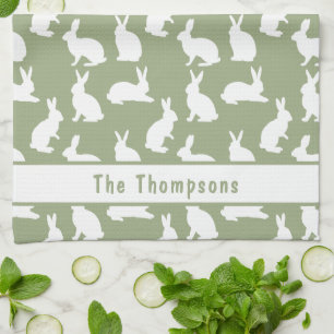 Linge De Cuisine Lapin de Pâques au motif et nom Vert Sauge et Blan