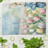 Linge De Cuisine Lapin de Pâques dans une prairie de tulipes (Plié)