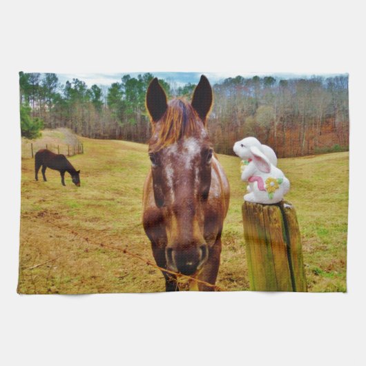 Linge De Cuisine Lapin de Pâques et cheval Brown (Horizontal)